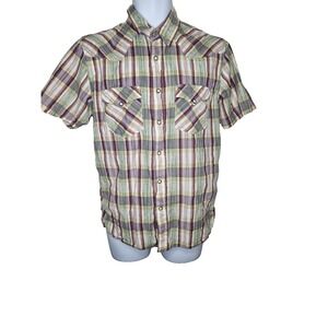 Frye Men's Plaid Short Sleeve Shirt M Pearl Snap Western Cowboy 100%‎ Cotton